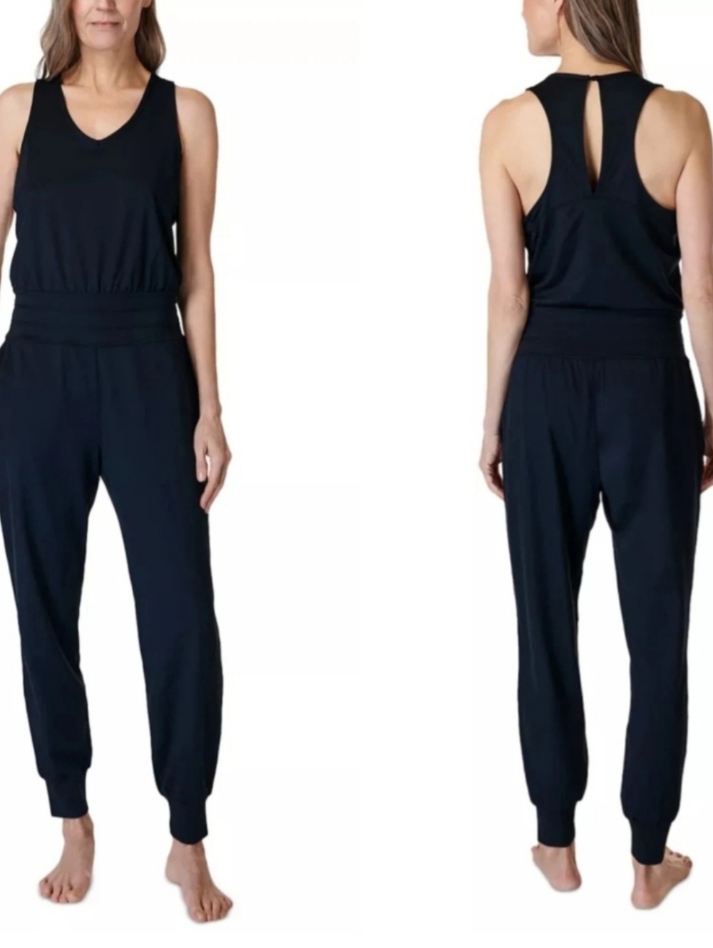 Sweaty Betty Gaia Yoga Jumpsuit Black Size L Stretchy Sleeveless Pockets